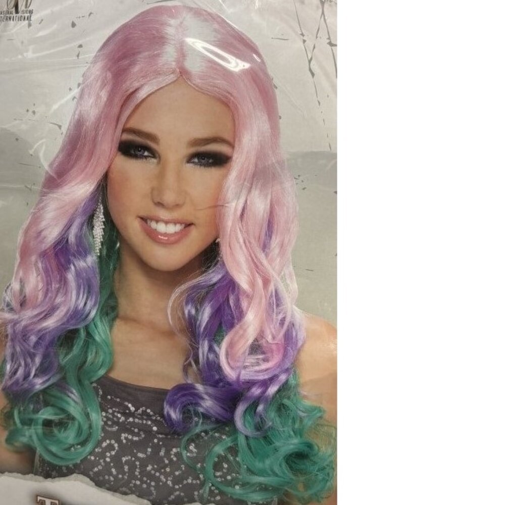 Ombre Pink Purple Green Wig Long Wavy Hair Halloween Costume Accessory